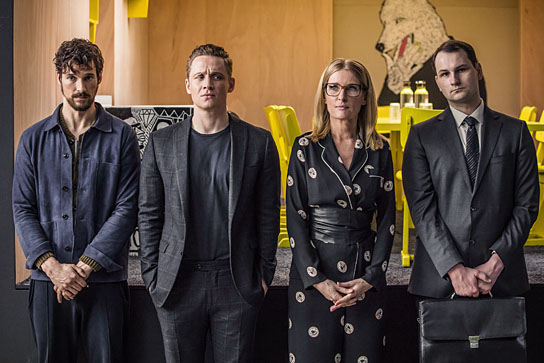 Florian David Fitz, Matthias Schweighöfer, Maria Furtwängler, Daniel Flieger (v.l.n.r.) in "100 Dinge" (2018) "100 Dinge", Quelle: Warner Bros. Ent., DIF, © 2018 Warner Bros. Ent.