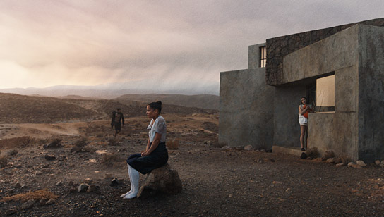 Himesh Patel, Alicia Vikander, Elizabeth Olsen (v.l.n.r.) in "The Assessment" (2024)