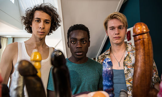 Jascha Baum, Benny Opoku-Arthur, Bjarne Meisel (v.l.n.r.) in "Get Lucky - Sex verändert alles" (2019); Quelle: DCM Film Distribution, DFF, © deutschfilm, DCM, Foto: Hannes Hubach