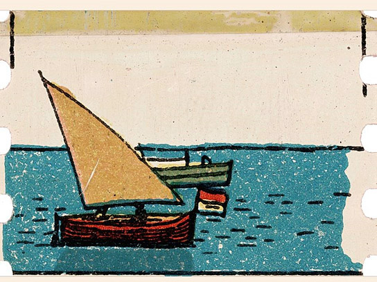 Segelschiff und Motorboot ("Litho Films - Chromolithographische Loops")