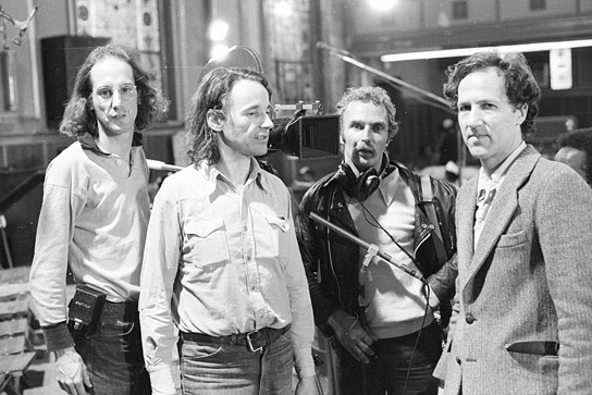 Edward Lachman, Thomas Mauch, Walter Saxer, Werner Herzog (v.l.n.r.) bei den Dreharbeiten zu "Huie's Predigt" (1988)