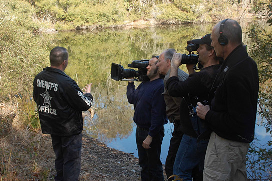 Damon Hall, Peter Zeitlinger, Werner Herzog, Erik Soellner, Eric Spitzer (v.l.n.r.) bei den Dreharbeiten zu "Into the Abyss" (2011)