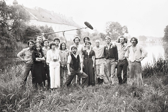 Gisela Storch (5.v.l.), Anja Schmidt-Zäringer (7.v.l.), Henning von Gierke (8.v.l.), Werner Herzog, Eva Mattes, Klaus Kinski, Jörg Schmidt-Reitwein (7.-3.v.r.), Walter Saxer (rechts) bei den Dreharbeiten zu "Woyzeck" (1979)