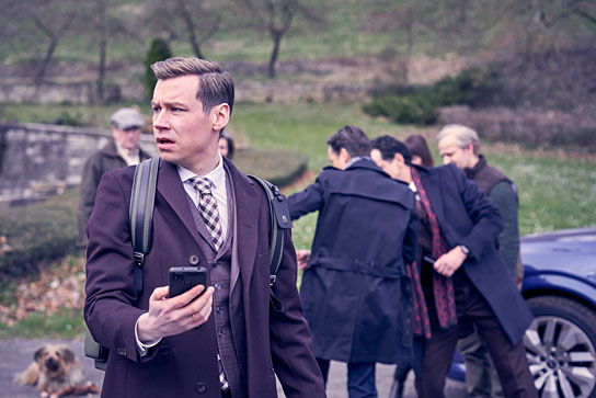 Philip Jackson, David Kross, Tom Schilling, Lavinia Wilson, Jürgen Vogel (v.l.n.r.) in "Der Pfau" (2023)