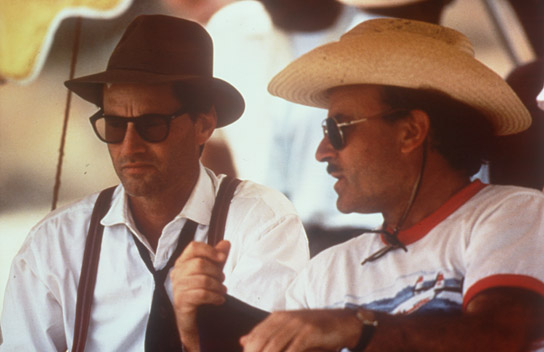 Sam Shepard, Volker Schlöndorff (v.l.n.r.) bei den Dreharbeiten zu "Homo Faber" (1990)