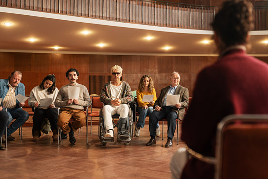 Bernd Hölscher, Jasmin Shakeri, Aziz Dyab, Florian David Fitz, Viviana Schmidt, Udo Samel (v.l.n.r.) in "No Hit Wonder" (2025)
