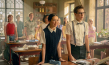 Emilia Maier (links), Leonard Conrads (3.v.l.), Purnima Grätz, Thilo Fridolin Matthes (vorne v.l.n.r.), Emilia Pieske (rechts) in "Die Schule der magischen Tiere 4" (2025)