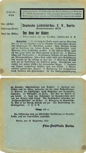 Zulassungskarte der Filmprüfstelle Berlin vom 26.09.1920 Zulassungskarte der Filmprüfstelle Berlin vom 26.09.1920, Quelle: BArch