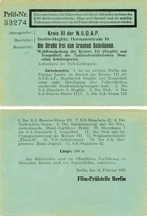 Zulassungskarte der Filmprüfstelle Berlin vom 24.02.1933 Zulassungskarte der Filmprüfstelle Berlin vom 24.02.1933, Quelle: BArch