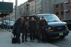 Thomas Funk, Helge Haack, Börres Weiffenbach, Malik Bellamy, Evelyn Schels (v.l.n.r.) bei den Dreharbeiten in New York zu "Body of Truth" (2019); Quelle: Filmwelt Verleihagentur, DFF, © Börres Weiffenbach