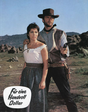 Marianne Koch, Clint Eastwood (v.l.n.r.) in "Für eine Handvoll Dollar" (1964)